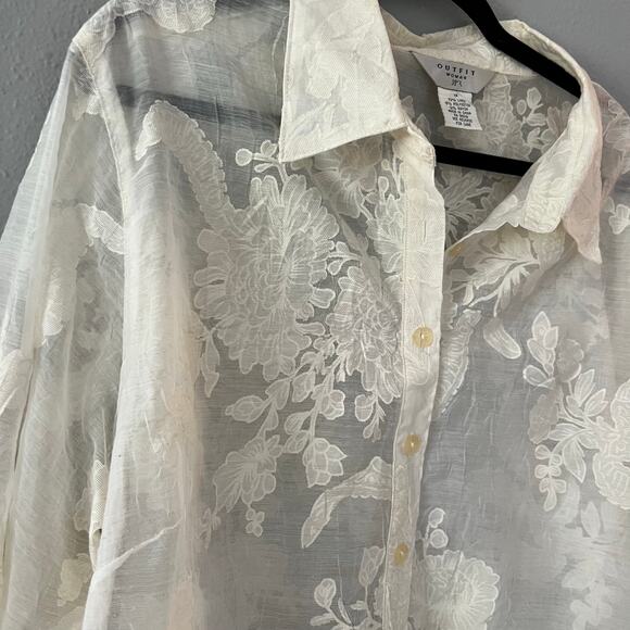 Outfit Woman Sheer Button Down Blouse 1X White Floral Embroidered Feminine Linen - Picture 6 of 6
